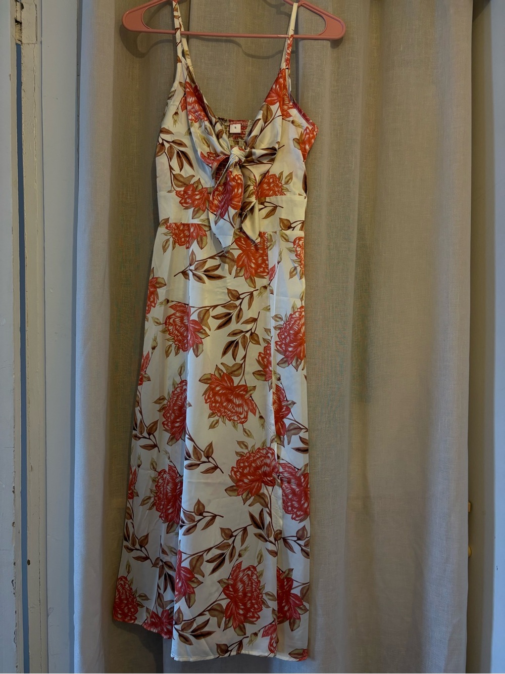 Cream midi Dress with Coral Floral Print and Front Tie